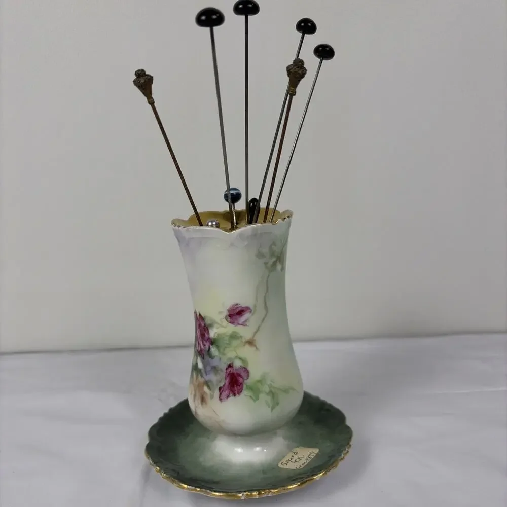 Antique Victorian Hat Pin Holder with Pins Signed TK Circa 1897 Hand Painted
